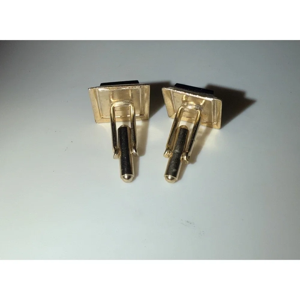 Vintage Black Cufflinks Glass Rectangle‎ Cuff Links Rhinestone Inlay Gold Tone